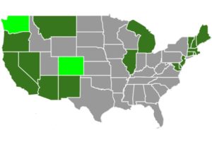 Map of US states where cannabis is legal.
